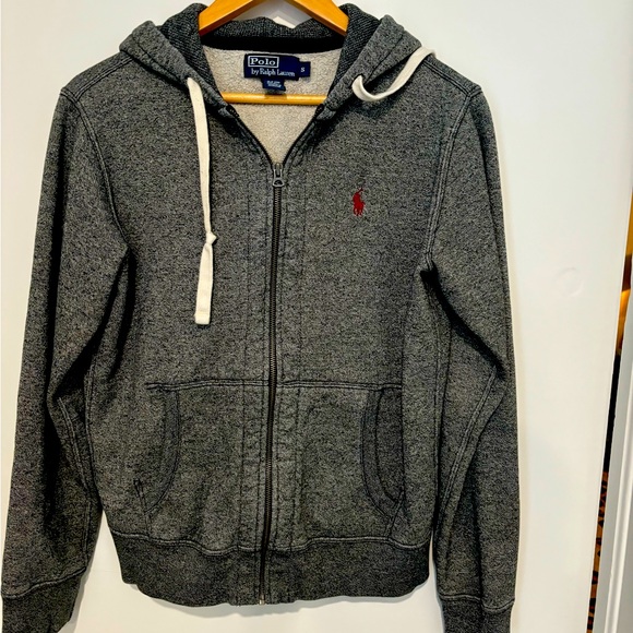 Polo RL Grey hooded sweat jacket w/Red Polo. Zip front, pockets, drawstring hood - Picture 1 of 3